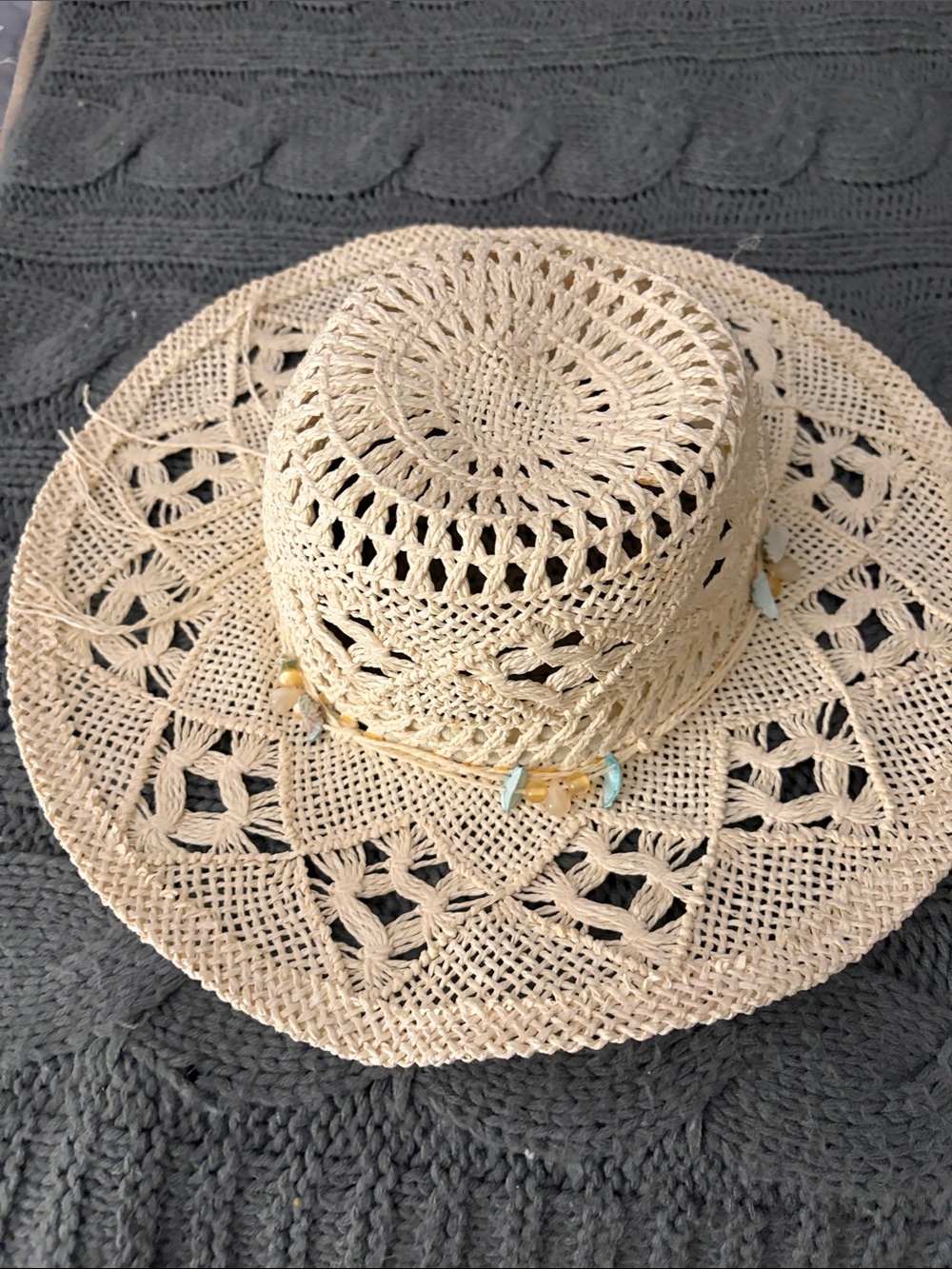 Boho Crochet Sun Hat with Bead Trim - Cream